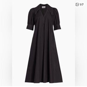 Ganni Black Cotton Poplin V-Neck Midi Dress